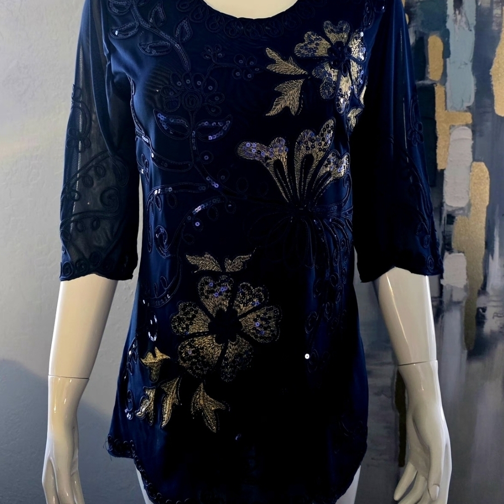 Navy Blue Floral Embroidered Women's Blouse